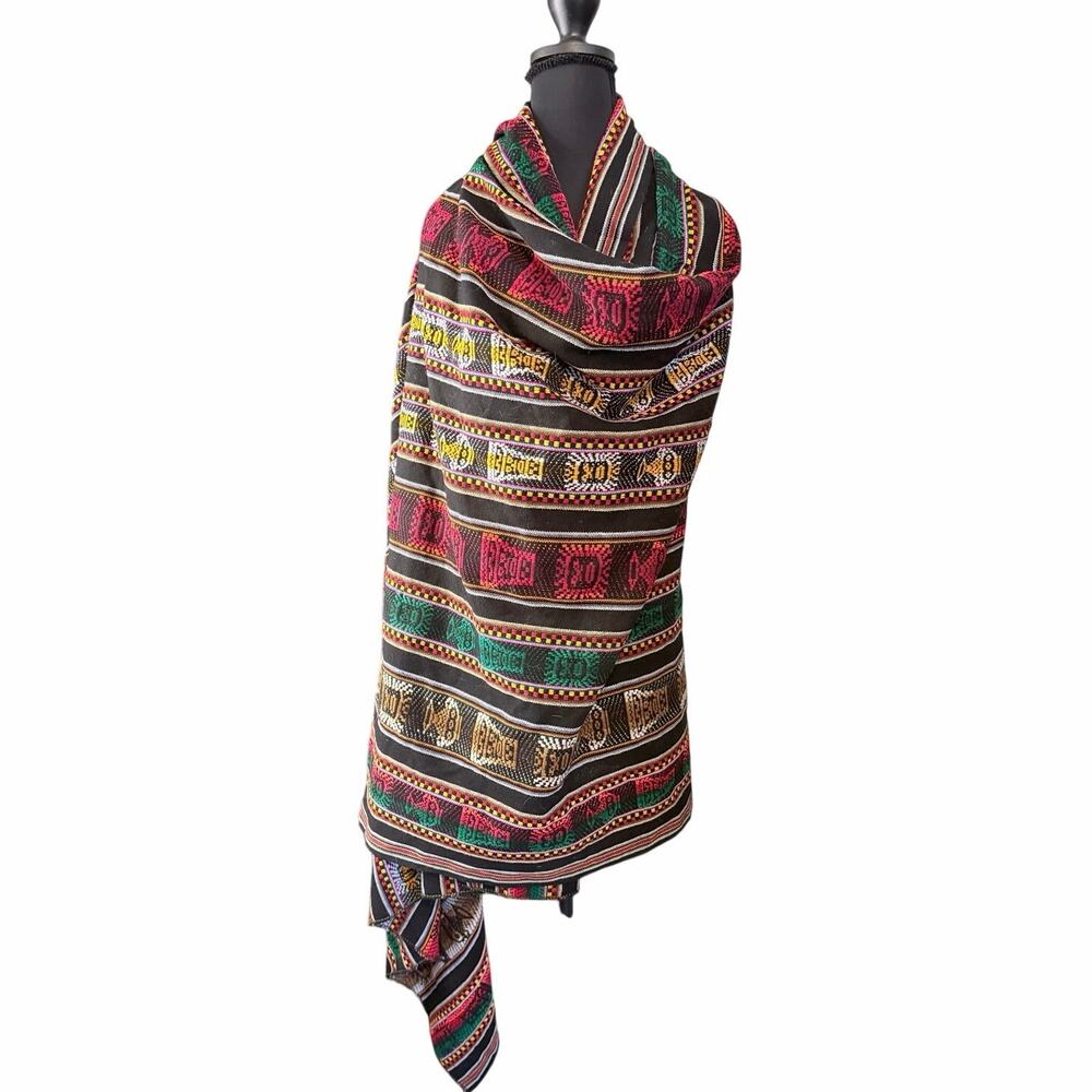 Black and multicolor exotic woven textile scarf wrap shawl tribal